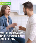 Two people enjoying hot beverages in a kitchen with "Your Instant Hot Beverage Solution" text and Nutrichef logo.