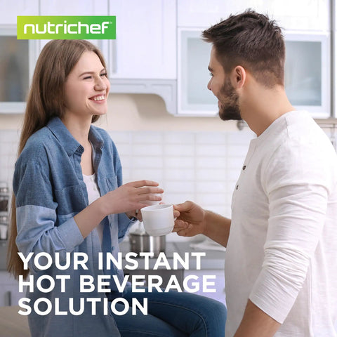 Two people enjoying hot beverages in a kitchen with "Your Instant Hot Beverage Solution" text and Nutrichef logo.