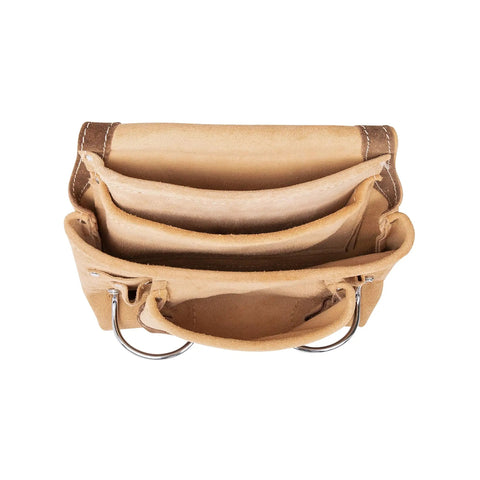 Top view of Genuine Suede Leather Tool Pouch Bag With 2 Hammer Holders And 10 Pockets For Carpenters Construction Framers And Handymen Fits Up To Two And A Half Inch Tool Belts showing compartments