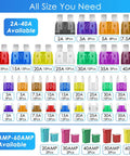 Assorted fuses from 304 Piece All In One Car Fuses Kit With Standard Mini And Low Profile Fuses Box Shaped Assortment Plus Puller