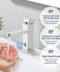 Brushed Nickel Waterfall Stainless Steel Bathroom Faucet With Pop Up Drain And Two Hoses For 1 Hole Or 3 Holes Single Handle Deck Mount For Vanity And RV Lavatory Drip Free Cartridge And Rust Resistant, showing commercial grade stainless steel, ceramic disc valve, single handle design.
