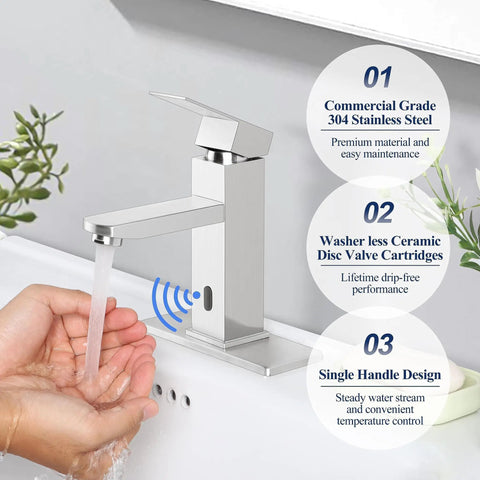 Brushed Nickel Waterfall Stainless Steel Bathroom Faucet With Pop Up Drain And Two Hoses For 1 Hole Or 3 Holes Single Handle Deck Mount For Vanity And RV Lavatory Drip Free Cartridge And Rust Resistant, showing commercial grade stainless steel, ceramic disc valve, single handle design.