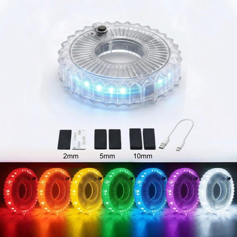 Rechargeable Bike Wheel Lights With Nine Colors And Twenty-One Modes, LED setup and accessory pieces shown.