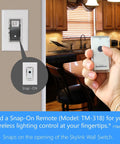 Person holding Snap-On remote beside wall switch for 3 Way Wireless Wall Switch Kit No Neutral Needed With Snap On Cover Easy Install Converts Your Existing Switch To A Smart Remote For Lighting Control Anywhere In Minutes DIY Friendly.