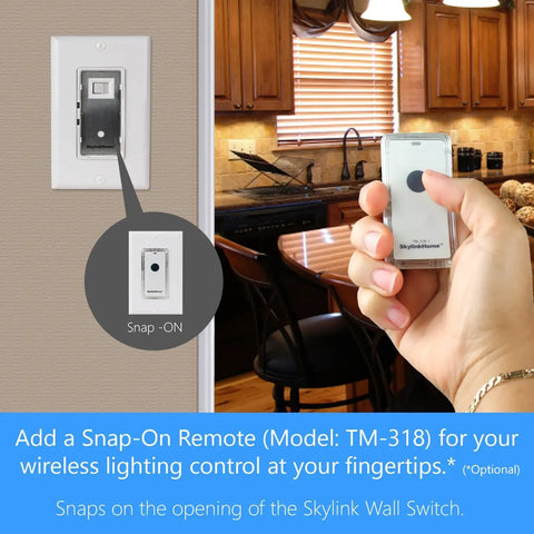 Person holding Snap-On remote beside wall switch for 3 Way Wireless Wall Switch Kit No Neutral Needed With Snap On Cover Easy Install Converts Your Existing Switch To A Smart Remote For Lighting Control Anywhere In Minutes DIY Friendly.