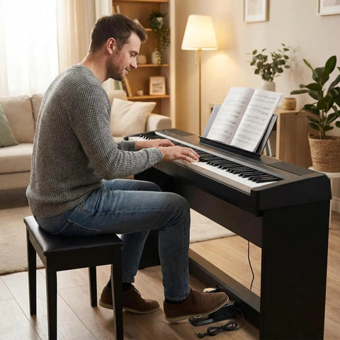 Man playing digital piano with Sustain Foot Pedal For Keyboards And Digital Pianos With Polarity Switch Quarter Inch Input Plug