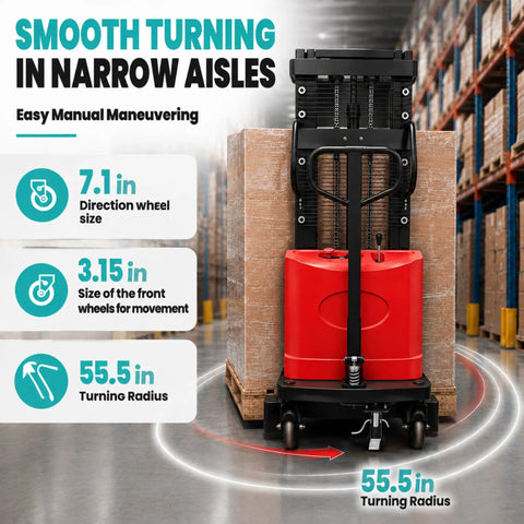 Heavy Duty Semi Electric Pallet Stacker Boasting 3,306 Lbs Capacity And Nearly Eight Feet Lift Height For Smooth Forklift Work In Your Warehouse, featuring 7.1 inch direction wheels.