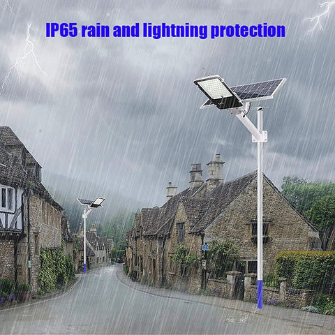 Heavy Duty Solar Flood Lamps With Slick Remote Control And Killer Radar Sensor For Tough Dusk Till Dawn Yard Driveway Gate Or Parking Lot Security Lighting in stormy weather with rain and lightning.