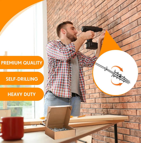 Man using drill with Bulk 400 Piece Zinc Self Drilling Drywall Anchors And Screws Kit for wall mount installation