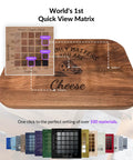 Engraved wooden board showing quick view matrix for laser engraver settings with material examples and texture options.