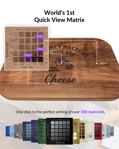 Engraved wooden board showing quick view matrix for laser engraver settings with material examples and texture options.