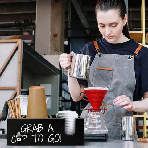 Farmhouse Style Coffee Station Organizer For Cups And Lids Black Pine Wood Cup Holder And Lid Storage Box on counter