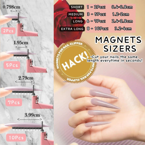 Magnetic Acrylic Nail Tip Cutter With Magnets For Precise Length And Quick Sizing showcasing measurement sizes and magnets.