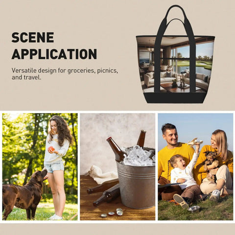 Golf Yacht Club Inspired Travel Tote Bag for Women used at picnics and outings, with ice bucket and dog in park setting.