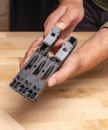 Person holding Pocket Hole Jig Micro For Thin Stock And Cabinets for thirty three percent smaller micro pocket holes in one half and three quarter thick materials.