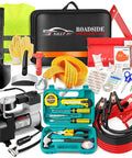 Comprehensive Roadside Emergency Kit for Cars and Trucks with air compressor, jumper cables, first aid kit, blanket, and shovel.
