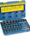 Open case of 36 Piece Screw And Bolt Extractor Kit With 2 In 1 MultiSpline Lug Nut Remover, displaying various sized extractors.