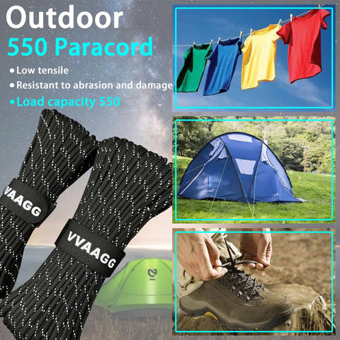Reflective Paracord Rope 100Ft 550 Cord with blue tent and shoe tying for camping hiking, featuring quick-release strap.