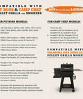 Compatibility chart listing compatible Pit Boss, Camp Chef, and Oklahoma Joe's pellet grill models with product image.