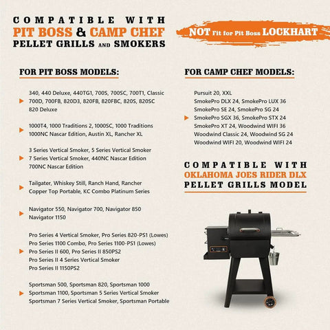 Compatibility chart listing compatible Pit Boss, Camp Chef, and Oklahoma Joe's pellet grill models with product image.
