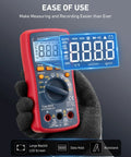 Gloved hand holding Digital Multimeter Pro Grade With True RMS And Auto And Manual Ranging, 4000 Counts Voltmeter.