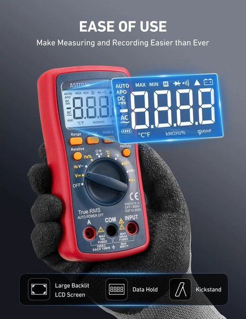Gloved hand holding Digital Multimeter Pro Grade With True RMS And Auto And Manual Ranging, 4000 Counts Voltmeter.
