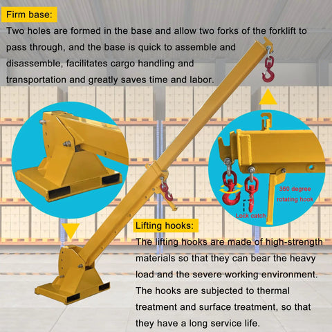 Beefy Workhorse Forklift Telescopic Jib Boom With 2 Ton Capacity And 0 To 75 Degree Tilt Plus 7 To 12 Foot Reach Extender shown with firm base and dual lifting hooks.