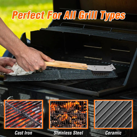 Person using Grill Brush And Scraper 2 In 1 For BBQ With Durable Replaceable Stainless Steel Head And Wooden Handle Built For Backyard Grills Heavy Grease Cleanup Quick Barbecue Accessories on barbecue grill