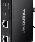 Beefy Industrial Gigabit PoE Plus Injector With DIN Rail And Wall Mounts IP30 Rated Housing NDAA And TAA Compliant 1 Gigabit Port And 1 PoE Plus Port TI IG30, black casing with two ports