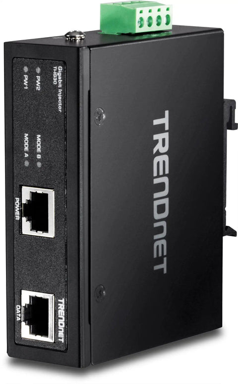 Beefy Industrial Gigabit PoE Plus Injector With DIN Rail And Wall Mounts IP30 Rated Housing NDAA And TAA Compliant 1 Gigabit Port And 1 PoE Plus Port TI IG30, black casing with two ports