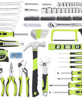 198 Piece Household Tool Set With Toolbox For DIY Home Repairs And Maintenance, SAE Hand Tools Kit, green tools displayed.