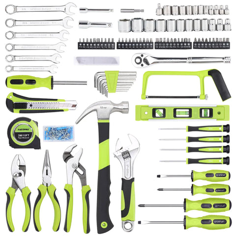 198 Piece Household Tool Set With Toolbox For DIY Home Repairs And Maintenance, SAE Hand Tools Kit, green tools displayed.