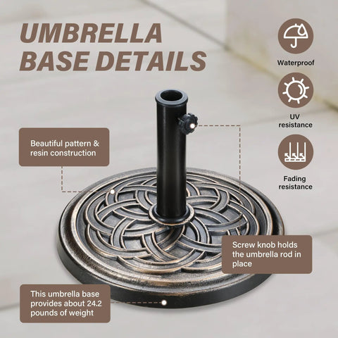 Heavy Duty Round Umbrella Base With 24.2 Pound Weight And 17.72 Inch Diameter Resin Outdoor Stand For Patio, Lawn And Garden Bronze Finish