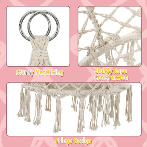 Close-up of Boho Macrame Hammock Chair Swing With Overstuffed Cushion For Indoor And Outdoor Cozy Vibes Beige Solid Steel Frame