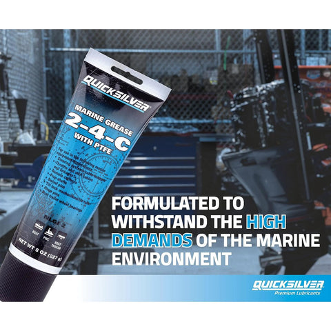 Quicksilver 2-4-C marine grease with PTFE, 8 oz tube, blue packaging