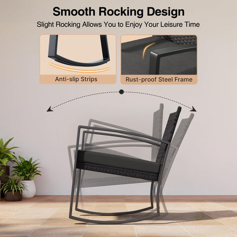 Image depicting the smooth rocking design of the Three Piece Patio Rocking Bistro Set With Coffee Table For Garden Balcony Backyard Or Poolside Use Built For Chill Outdoor Vibes With Durable Powder Coated Steel Frame And Weather Resistant Rattan Cushions In Black.
