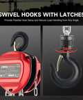 CREWORKS hand chain hoist, red body, 1-ton capacity, front view with black hook and chain; close-up of swiveling hook.