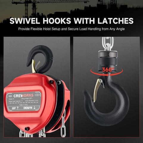 CREWORKS hand chain hoist, red body, 1-ton capacity, front view with black hook and chain; close-up of swiveling hook.