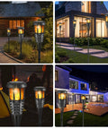 Four Pack Outdoor Tiki Torches With Realistic Flickering Flame Waterproof Bamboo Handwoven Rattan Design in use at night