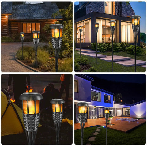 Four Pack Outdoor Tiki Torches With Realistic Flickering Flame Waterproof Bamboo Handwoven Rattan Design in use at night