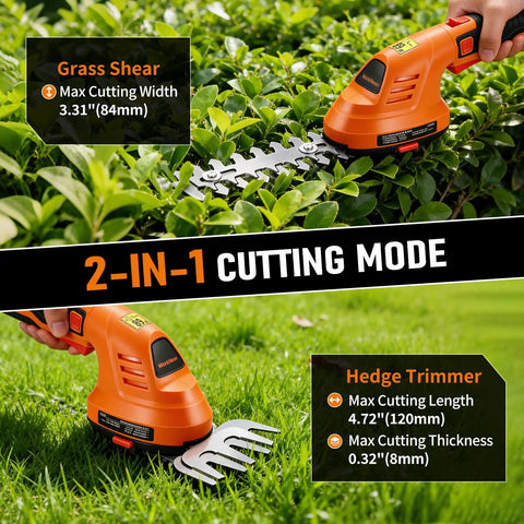 Cordless 2 In 1 Hedge Trimmer And Grass Cutter Lightweight Handheld Tool shown trimming hedge and grass
