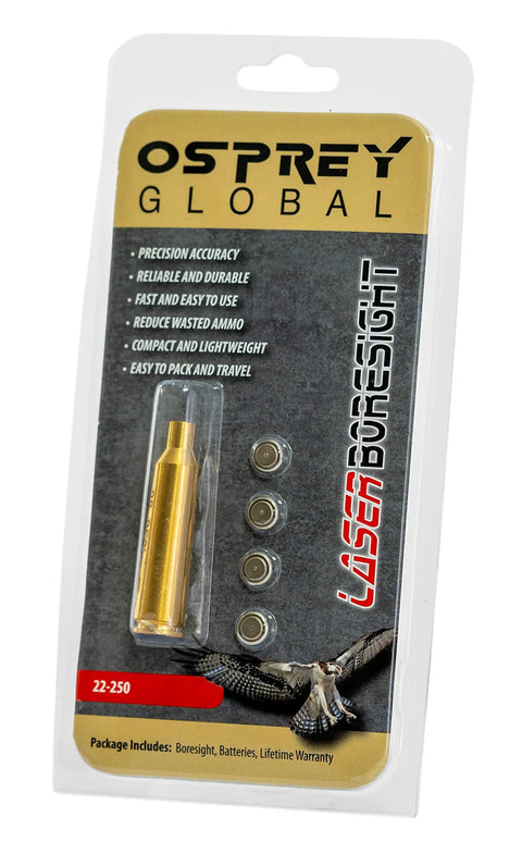 Red Laser Boresight For 22 250 Caliber Rifles Brass Body Built To Last Class IIIA Under 5mW 635 To 655 Nm packaging display