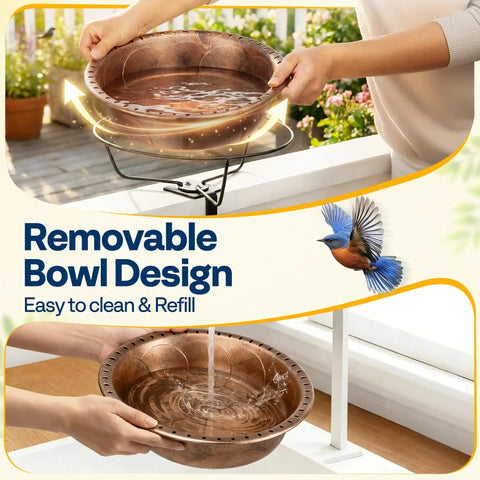 Top Shelf Deck Mounted Bird Bath Featuring Adjustable Heavy Duty Metal Clamp And All Weather Resistant Retro Bronze Finish Durable Plastic Basin Safe For Backyard Or Garden Use with removable bowl design.