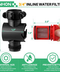 3/4 inch inline water filter with 50 mesh stainless steel screen for garden hoses, showing dimensions and O-ring for 2 Pack