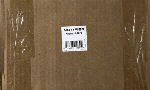 Fire Alarm Annunciator Surface Mount Backbox ABS8RB packaging label with barcode and product details on brown box