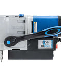 Side view of BDS MAB 155PRO magnetic drill with blue housing and black handle