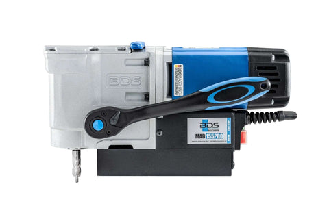 Side view of BDS MAB 155PRO magnetic drill with blue housing and black handle
