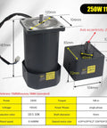 Premium 250W 110V Adjustable Gear Reducer Motor With 0 to 140 RPM Speed Controller And Governor 16 Nm High Torque Single Phase CW CCW Gear Motor With 10 to 1 Reduction And 15mm Shaft, dimensions labeled.