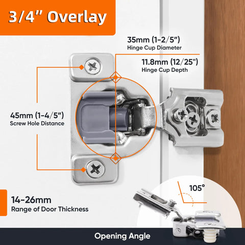 Diagram of 60 Pack Soft Close Cabinet Hinges For Kitchen Cabinets With Three Quarters Inch Overlay Face Frame Concealed Hidden Hinges In Stainless Steel Self Closing With Slow Close Damper And Three Way Adjustment showing dimensions and opening angle.