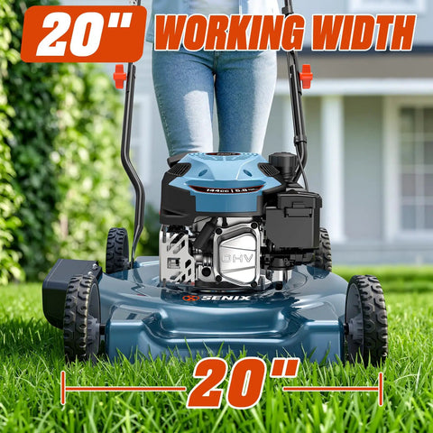 20 Inch Gas Powered Lawn Mower With 144cc 4 Cycle Engine Walk Behind Push Mower No Hassle Start Lightweight Build 3 Position Cutting Height Durable Deck Beast For Quick Home Yard Mowing, front view in grass